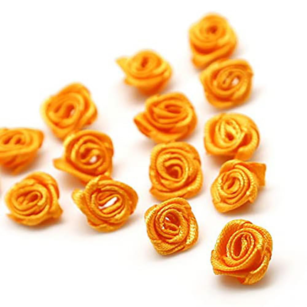 Pack of 200 Roses 1.5 cm Small Artificial Flowers Rose Heads Satin Roses Sew On Flowers Appliques for Craft Patches Decorative Roses Mini Fabric Roses DIY Accessories Home Wedding Decoration Orange