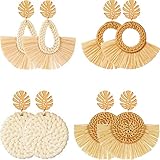 4 pairs rattan earrings lightweight geometric statement tassel woven bohemian earrings handmade straw wicker braid hoop drop dangle earrings for women girls style c 