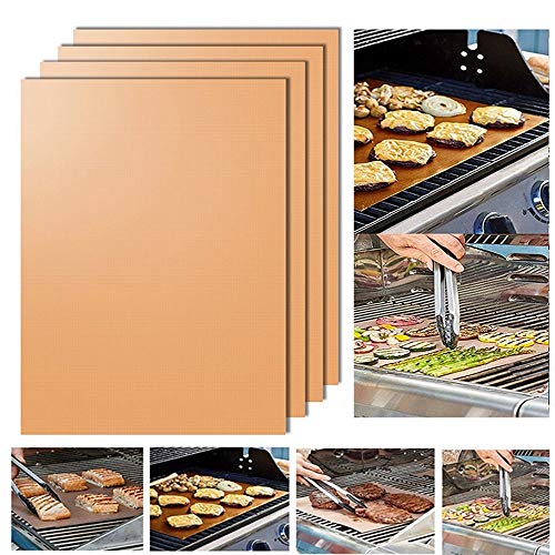 Grill Mat Set Of 4- 100% Non-stick BBQ Grill & Baking Mats - Heavy Duty, Reusable, And Easy To Clean FDA-Approved, PFOA Free,Works On Gas, Charcoal, Electric Grill, - 13 X 15.75 Inches (Golden)
