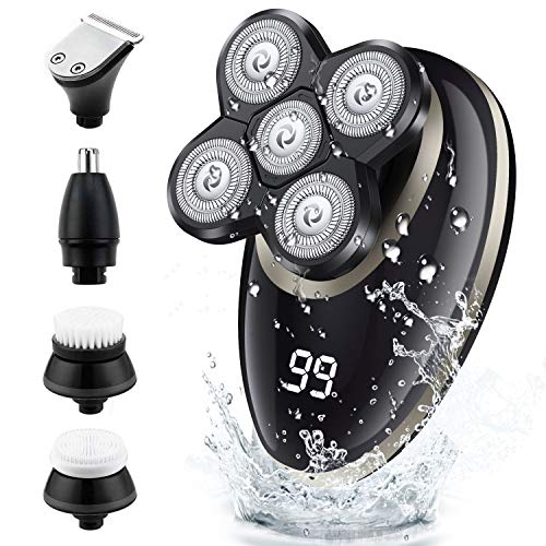 Electric Shaver for Men & Grooming Kit, GOOLEEN 5 in 1 Electric Razor Cordless Waterproof Wet Dry Rotary Bald Head Shaver Nose Trimmer Hair Clippers Facial Cleansing Brush LED Display USB Rechargeable