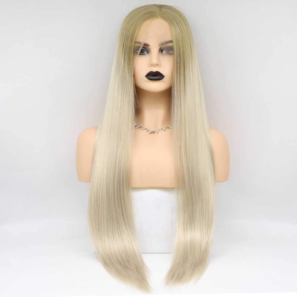 Xiweiya Blonde Lace Front Wigs - Long Silky Straight Ombre Synthetic Lace Front Wigs With Brown Roots - Heat Resistant - Mild Parting