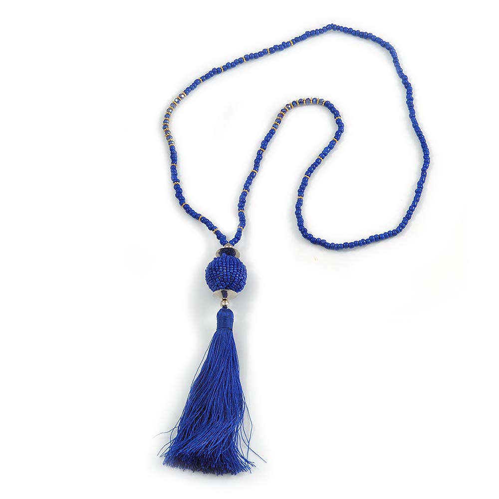 Avalaya Stylish Blue Glass Bead Cotton Tassel Necklace/ 72cm L/ 14cm Tassel