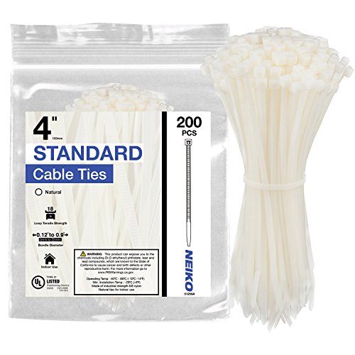 Neiko 51259A Natural White 4-Inch Heavy Duty Cable Zip Ties, 200-Piece | 18 lb Tensile Strength
