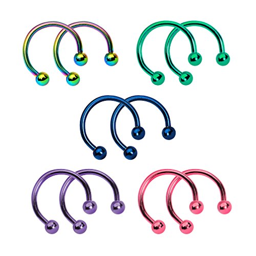 BodyJewelryOnline 10-Pack Anodized Titanium Horseshoe Circular Barbells - 16ga-5/16(8mm) - Perfect for Septum, Rook, Tragus, Daith, Nose, Ear Piercings