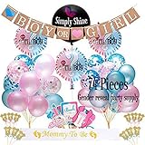 Gender Reveal Party Supplies; for Table Decor Designs Ideas with Giant Black Balloon, Pink, Blue and Gold Confetti, Balloons, Boy or Girl Banner, Photo Booth Props Sticks, Plus Cake Topper Bonus! (74 PCS)