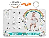 Tinoki Baby Milestone Blanket for Newborn Boys, Girls Photography – Monthly Rainbow Unisex Soft Unicorn Growth Keepsake Blankie Backdrop Photo Banner Frame Prop Shower Gift with Month Numbers,Marker