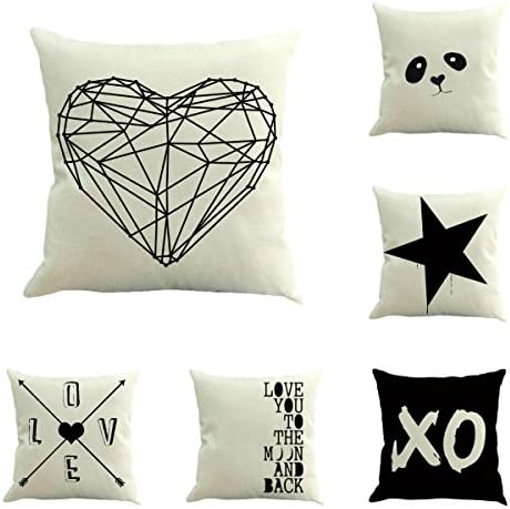 BEGOO Cotton Linen Cloth Square Cozy Throw Pillow Case Décor Cover, Black and White Series, 18" x 18" with Hidden Zipper Closure for Sofa Bed Counch Decoration, 6 pack