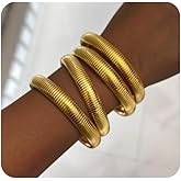 Giovanchi 18K Gold Plated Bangles for Women Set of 4 Chunky Stretch Bangles Bracelets Stainless Steel Bracelets Flexible Wide Stack Bracelets for Women