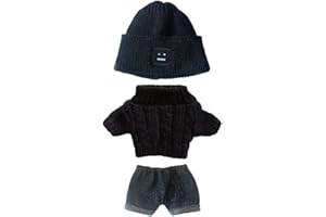 niannyyhouse Doll Clothes Suit 7.8in/20cm Plush Doll Clothes Hat + Sweater + Shorts 3-Piece Set Doll Dressup Square Face Hat Denim Shorts White Sweater (Black-2)