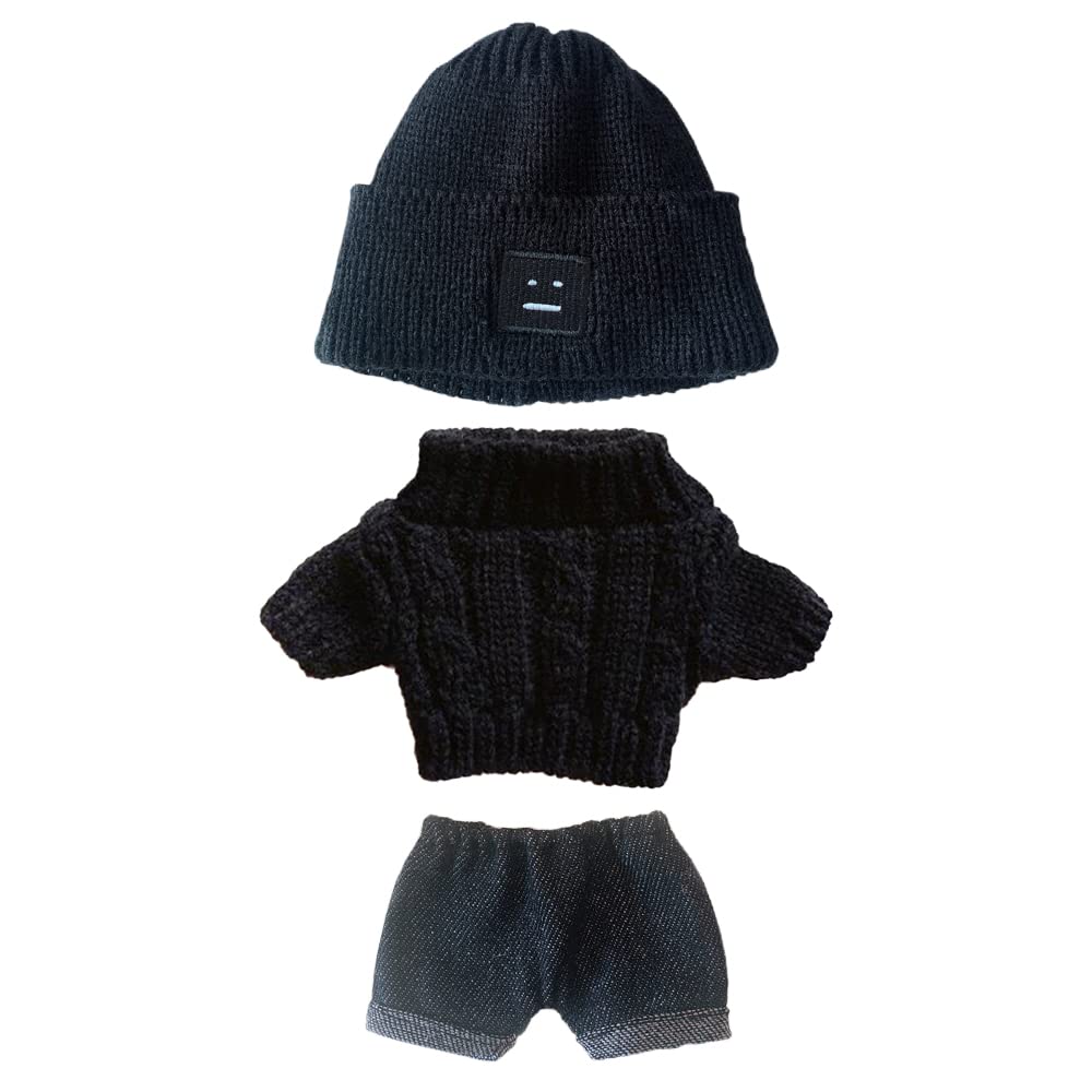 niannyyhouse Doll Clothes Suit 20cm Plush Doll Clothes Square Face Hat White Sweater Denim Shorts 8in Kpop Stuffed Doll Clothing Dressup (Black2)