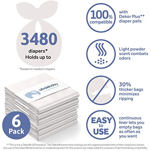 6 Pack of Compatible Dekor Plus Refill Liners | Ultra-Strong 30% Thicker Bags Reduce Tearing | Light Powder Scent Combats Odors | Replacement for Dekor Diaper Pail Refills & Diaper Dekor Plus Refills