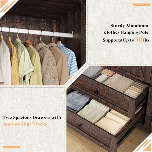 Jocisland Farmhouse 3 Door Wardrobe Closet with 2 Drawers & Hanging Rod, 47" Large Armoire Storage Cabinet with Adjustable Shelves, Freestanding Clothing Organizer for Bedroom, Barnwood Brown