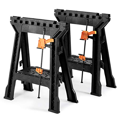 Goplus Clamping Sawhorse Pair with Bar Clamps, 2 PCS Folding Saw Horses