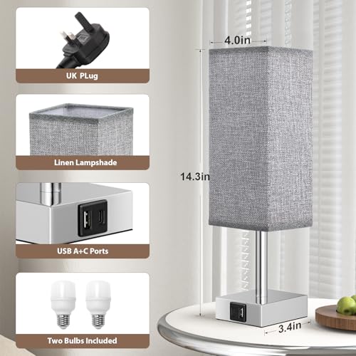 Aooshine Touch Control Bedside Lamps Set of 2, Touch Lamps with USB-C+A Charging Ports, 3-Way Dimmable Table Lamps for Bedroom with Grey Fabric Shade(Bulbs Included) | Touch Lamps with 3 Way Dimmable Table Lamps for Bedroom/Living Room/Study Room/Office with Grey Fabric Shade, Bulbs Included