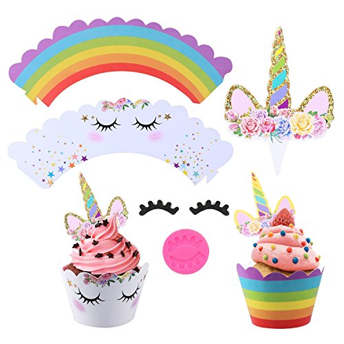Kabi 5PCS Unicorn Silicone Cake Toppers Mold Set for Baking Cake Decoration Making Sugar Craft Candy Chocolate,with Unicorn Cupcake Toppers & Wrappers Double Sided 12 Sets