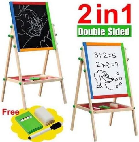 New Double Sided Black and White Wooden Easel Drawing Board Children Kids Chalkboard Set with Dry Erase Painting Artist Art Deluxe Standing 2 in 1 Flip-Over Reversible Adjustable Height