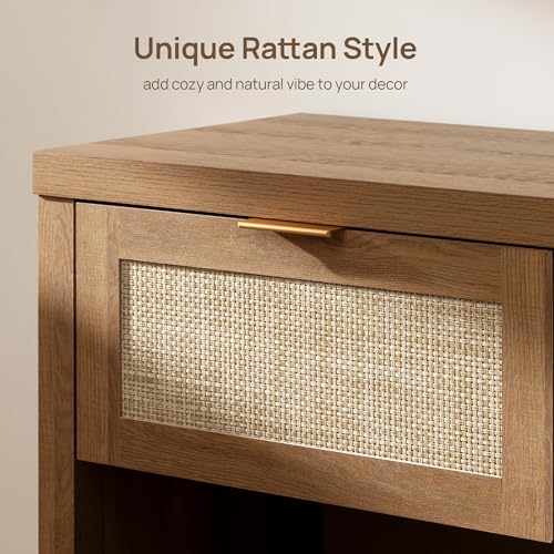 SICOTAS Rattan Nightstand Set of 2 - Farmhouse Night Stand with Drawer and Storage Shelf - Boho Bedside Table End Table Side Table Accent Table for Bedroom