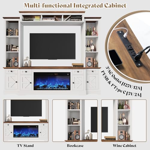Jocisland 98in Farmhouse Entertainment Center with 36" Fireplace, TV Stand, Bookshelves, Wine Cabinet, Fits 75" TVs, Large Wall Unit Media Console with Power Outlets & Barn Doors, Living Room, White