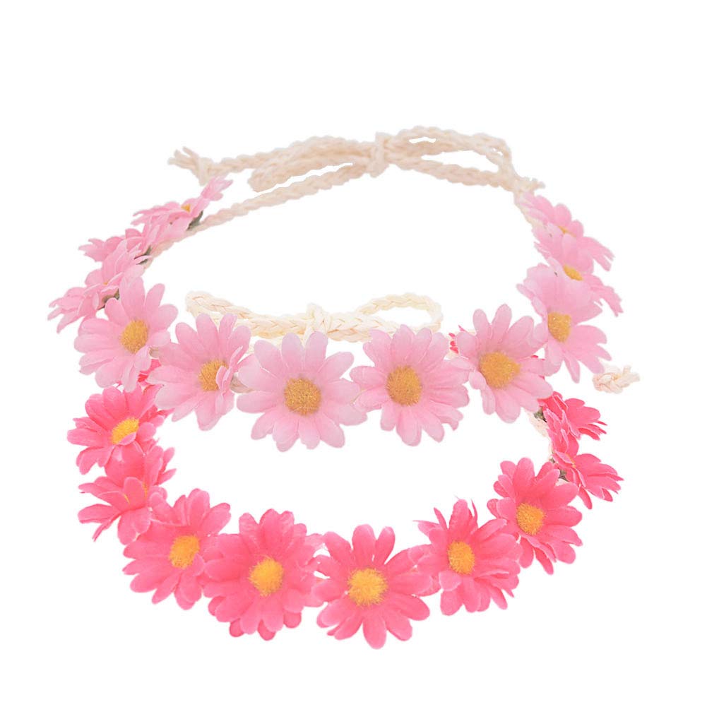 SCF2017 2Pcs Women Girls Sunflower Headband Hairband Flower Crown Hair Garland Wedding Festival(Pink+Red)