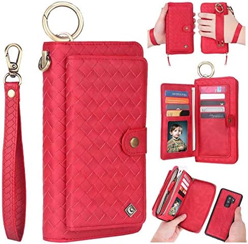Galaxy S9 Wallet Case for Women and Men,AIFENG [14 Card Holder][Zipper][Magnetic Detachable] Handmade Weave Pattern Leather Wallet Flip Case Cover for Samsung Galaxy S9,Red