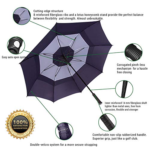 Procella Golf Umbrella Windproof Waterproof - 62 Inch Large Automatic Open Rain & Wind Resistant Vented Double Canopy - Best Golf-Sized Stick Umbrellas for Men and Women (Navy Blue)