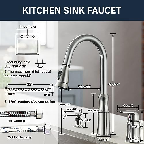 Oulantron 3 Hole Kitchen Faucet with Pull Down Sprayer Kitchen Faucet with Soap Dispenser, High Arc Pull Out Kitchen Sink Faucet Brushed Nickel Commercial Kitchen Faucets