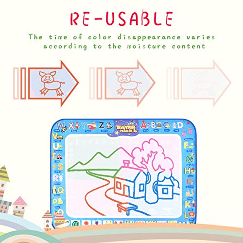 Water Doodle Mat,Extra Large Kid Magic Aqua Drawing Pad,Painting Board with 3 Pens,1 Magic Brush Accessories,Educational Toys Gifts for Boys Girls Toddlers 2 3 4 5 6 7 + Year Old Size 38.5"X 29.5"