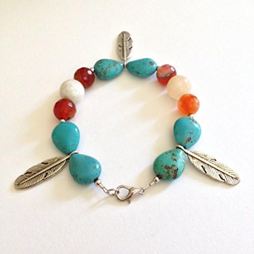 Rainbow Moonstone, Magnesite & Agate Feather Charm Bead Bracelet