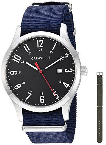 Reloj de cuarzo de acero inoxidable para hombre Caravelle diseñado por Bulova con correa de nailon, azul, 20 (modelo: 43B160)