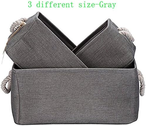 Foldable Multi-sized Square New 100% Natural Linen &amp; Cotton Fabric Storage Bins Storage Baskets Organizers - Set of 3 (Grey)