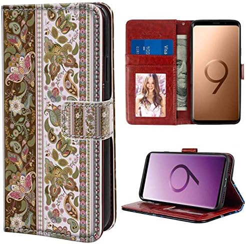 Samsung Galaxy S9 Wallet Case, Arabesque Ethnic Middle Eastern Persian Floral Pattern with Paisley Leaves Boho Art Print Multicolor PU Leather Folio Case with Card Holder and ID Coin Slot