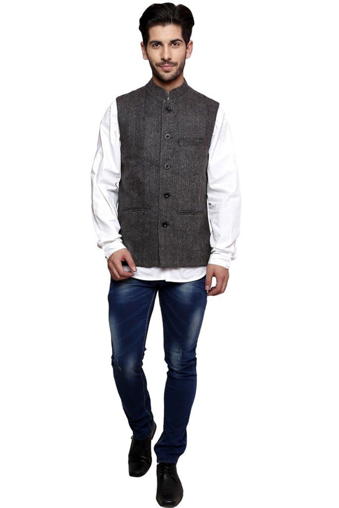 dhrohar men's woolen black textured nehru waistcoat