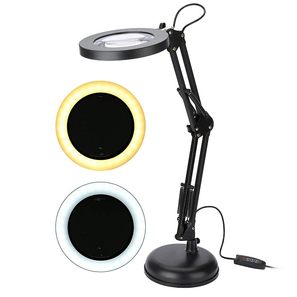 Estink 5X Magnifying LED Desk Lamp, Dimmable Lighted Magnifier Light 7W with Base & USB Cable, 3 Color Modes, 10 Adjustable Brightness, for Hobbies Reading Work