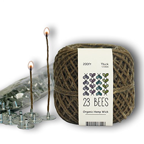 23 Bees 100% Organic Hemp Candle Wick + Wick Sustainer Tabs, 200ft(Thick) x 200pcs