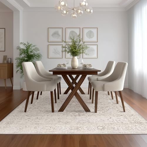 Fmfunctex 8x10 Washable Area Rug Beige Vintage Neutral Distressed Oriental Large Non Slip Carpet for Living Room Bedroom Soft Low Pile Tapis Salon Indoor Mat Retro Throw Rug for Dining Kitchen Office