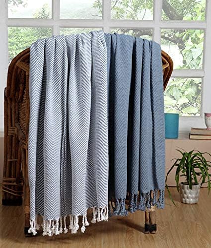 Luxurious Hand Woven Cozy Warm 100% Cotton All Season Light Weight Couch Chair Bed Decorative Throw Blankets Chevron 50x60 Inch Set of 2 (Blue)