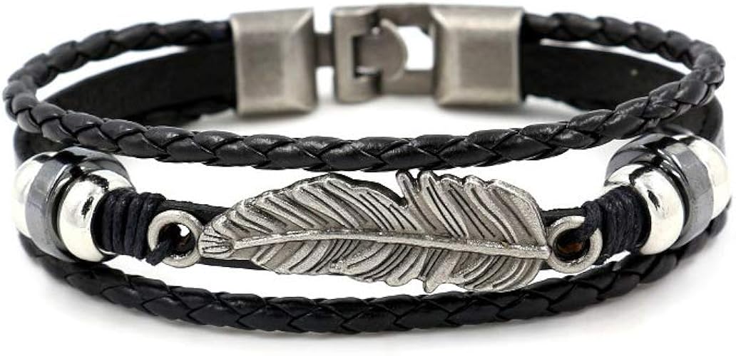 Amazon Beluckin ヴィンテージリーフフェザーレザーチャームブレスレット 手作り編みロープブレスレット バングル 女性 男性へのギフトに バングル 通販