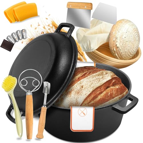 NIUB Dutch Oven for Bread Baking, 5 QT Pre-Seasoned Pot with Skillet Lid, Includes Sourdough Bread Baking Supplies, Cast Iron Pot for Frying, Braising, BBQ