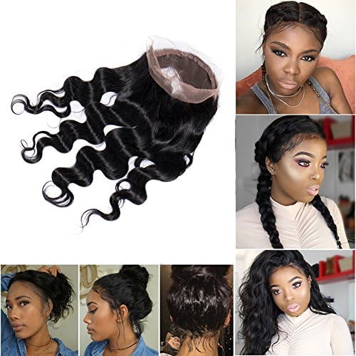 360 Lace Frontal Closure Virgin Human Hair Pre Plucked 360 Lace Band Frontal Closure with Bady Hair Natural Hairline Free Part Bleached Knots Body Wave 1B Natural Black 10''/ 10inch