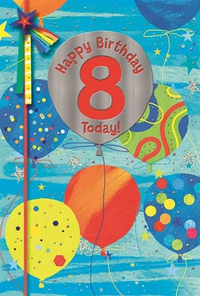 Age 8 Boy Birthday Card - 8th Birthday Bright Balloons & Silver Foil 7.75x5.25