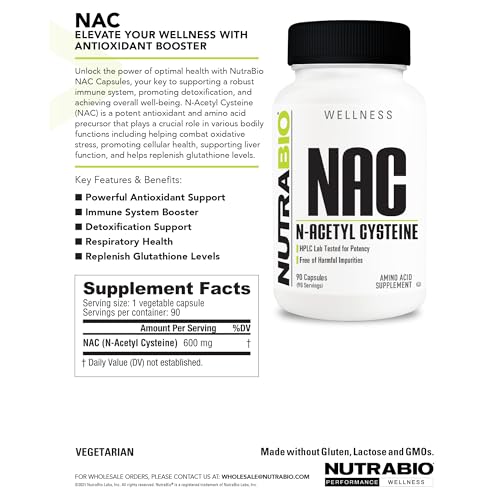 NUTRABIO N-ACETYL CYSTEINE SUPPLEMENT (NAC) – 90 CAPSULES, 600MG EACH – POWERFUL ANTI-OXIDANT – IMMUNE SUPPORT – BOOST GLUTATHIONE