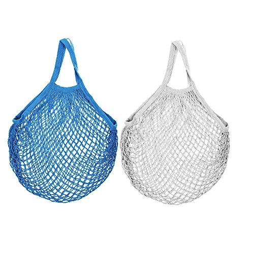 STONCEL Cotton Net Shopping Tote, Reusable Grocery Mesh Produce Bag, Washable Market Beach Toy String Rope Storage Bags (1blue1white)