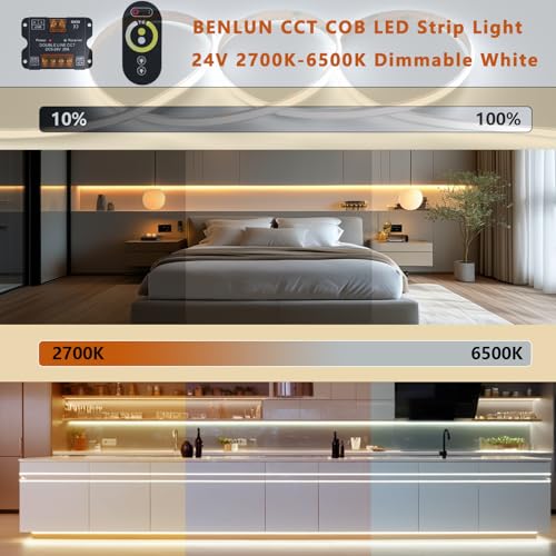 BENLUN CCT COB LED Strip 24V 20M (10M x 2), 2700K-6500K White Adjustable LED Strip, 10W/M CRI 93 Dimmable LED Strip, Remote Control and Power Supply Included, for Bedroom, Kitchen