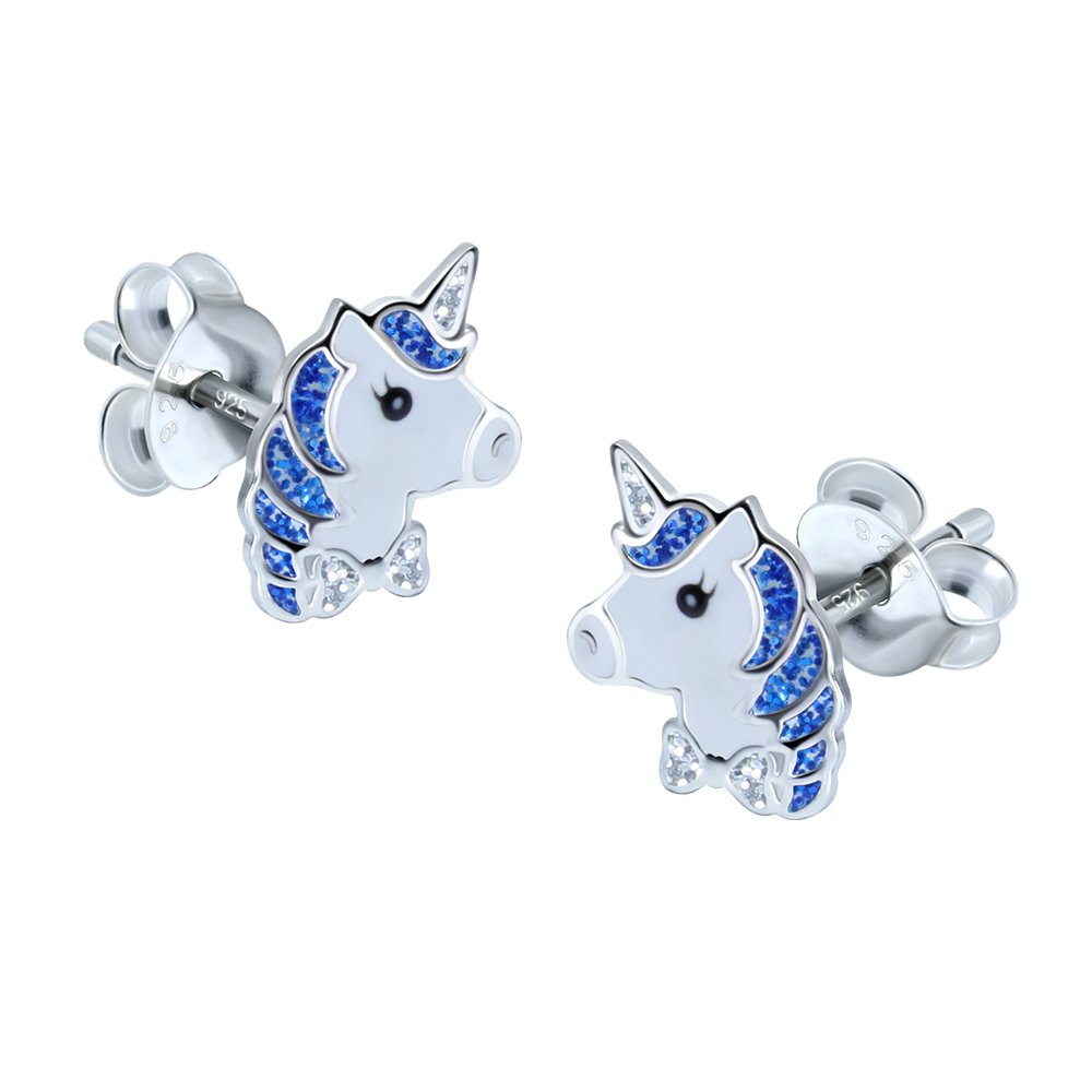 Unicorn Pony Earrings With Blue Glitter Effect 925 Sterling Silver