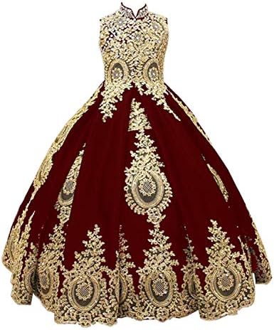 gsunmmw Gold Lace Flower Girl Dresses for Wedding Beaded Pageant Ball Gown First Communion Dress for Girls GS098