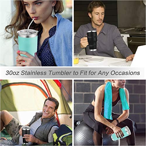 30oz Tumbler, 2 Packs Stainless Steel Double Wall Vacuum Insulated Tumbler Travel Mug With 8Pcs Reusable Straw, 2Pcs Slider Lid, 2Pcs Cleaning Brush, 2Pcs Handles (Black + Green) - Thumbnail 6