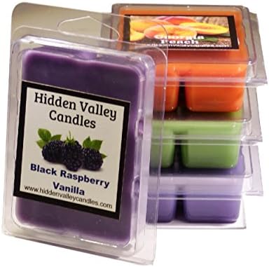 Hidden Valley Candles Summer Harvest 4 Pack Georgia Peach, Lemon Lavender, Mint Mojito, and Black Raspberry Vanilla. Naturally strong including soy wax which will throw 50+ hours of fragrance.