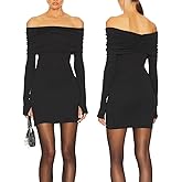 JLCNCUE Womens Off The Shoulder Long Sleeves Bodycon Mini Dress Elegant Ribbed Knit Club Party Short Fitted Dresses 347
