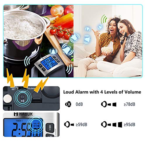 Habor Kitchen Timer for Coooking, Digital Dual Cooking Timer with Calendar Clock, 4-Level Adjustable Alarm Volume, Larger Backlit Display, Stronger Magnets, Count-up & Countdown for Cooking Study Exer