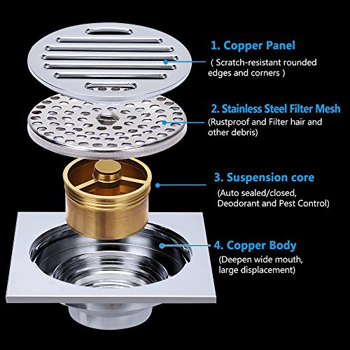 image for Mural Art 4x4 Inch Brass Shower Floor Drain Square Bathroom Tile Inser